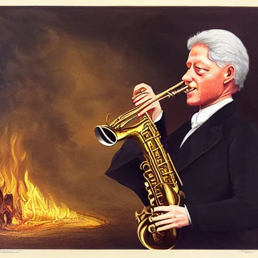 Prompt: Bill Clinton plays his saxophone while Washington D.C. burns, highly detailed, oil on canvas, 1883