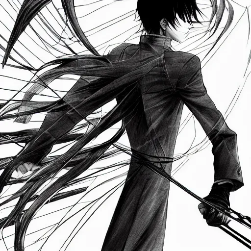 Image similar to Levi Ackerman, elegant, 2d, ultra highly detailed, digital painting, smooth, sharp focus, artstation, black and white art by Takehiko Inoue, by Tsutomu Nihei