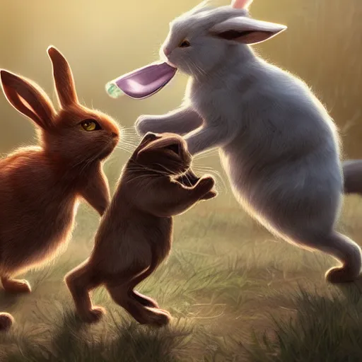 Image similar to rabbit and cat fighting,artstation,very detailed