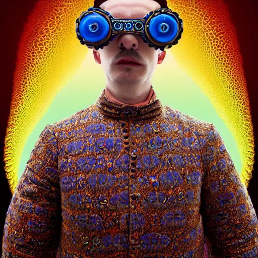 Prompt: Colour mandelbulb 3d fractal style full body portrait Photography of Highly detailed Man wearing detailed Ukrainian folk costume designed by Taras Shevchenko with 1000 years perfect face wearing highly detailed retrofuturistic VR headset designed by Josan Gonzalez. Many details In style of Josan Gonzalez and Mike Winkelmann and andgreg rutkowski and alphonse muchaand and Caspar David Friedrich and Stephen Hickman and James Gurney and Hiromasa Ogura. Rendered in Blender and Octane Render volumetric natural light