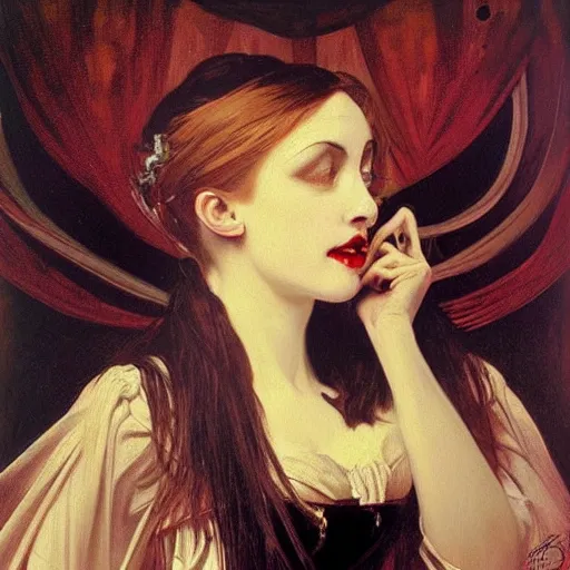 Image similar to A beautiful painting of a lady vampire, victorian, dracula, ominous, oil on canvas, photorealism, alphonse mucha, caravaggio, high definition, soft light