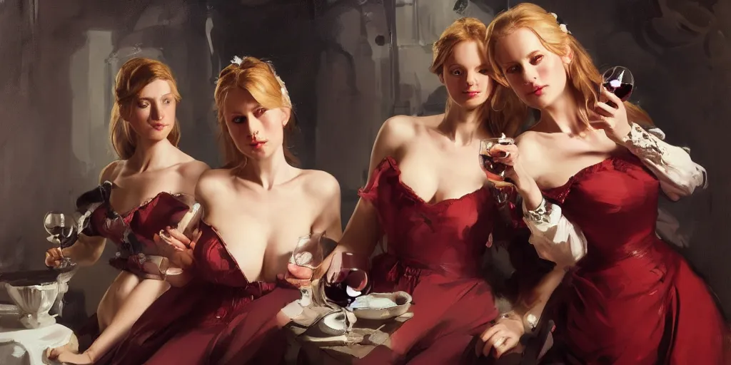 Prompt: portrait of two beautiful gorgeous captivating finnish norwegian swedish glamour models as village maidens holding red wine glass wearing 1 7 th century off the shoulder bodice in dark dungeon. jodhpurs greg manchess painting by sargent and leyendecker, studio ghibli, medium shot asymmetrical intricate elegant illustration hearthstone, by greg rutkowski by greg tocchini by craig mullins