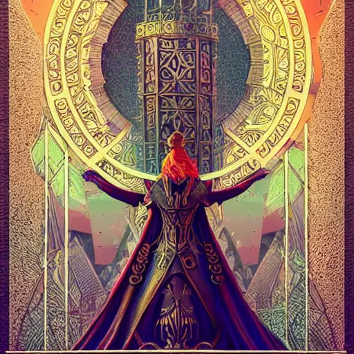 Image similar to tarot card style, lady luck on a tower, scales, sword, digital illustration, intricate, highly detailed, elegant, full color, cinematic lighting, octane render, hyper realism