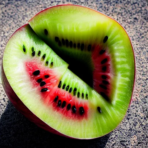 Image similar to a kiwi fruit merged with a watermelon! Ultra realistic! 25mm f/1.7 ASPH Lens!