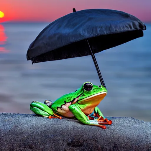 Image similar to frog sitting on the beach with an umbrella next to him, watching a beautiful sunrise, photograph