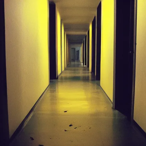 Image similar to an empty yellow hallway, liminal space, vhs recording