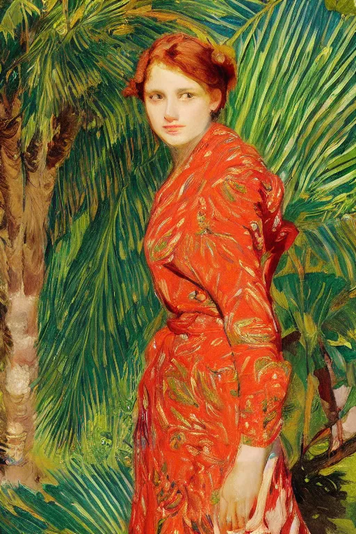 Image similar to a girl with arabesque red and green and golden detailed scarf set on a detailed persian carpet, tree palms in background, painting by john singer sargent