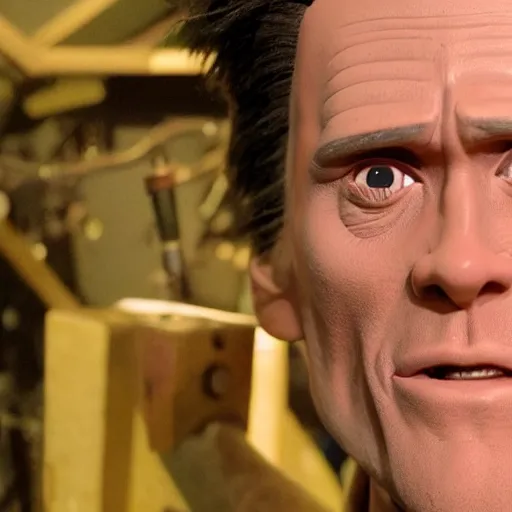 Image similar to animatronic Jim Carrey, exposed mechanics, test photo, Stan Winston studios, detailed, 4k