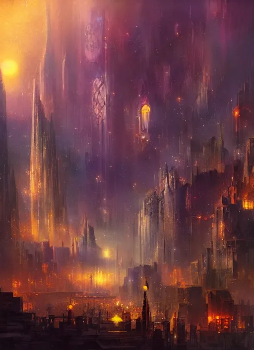 Image similar to ethereal starlit city of magic lost in time at sunset, art station, italian futurism, matte painting, johan grenier, hd, digital painting