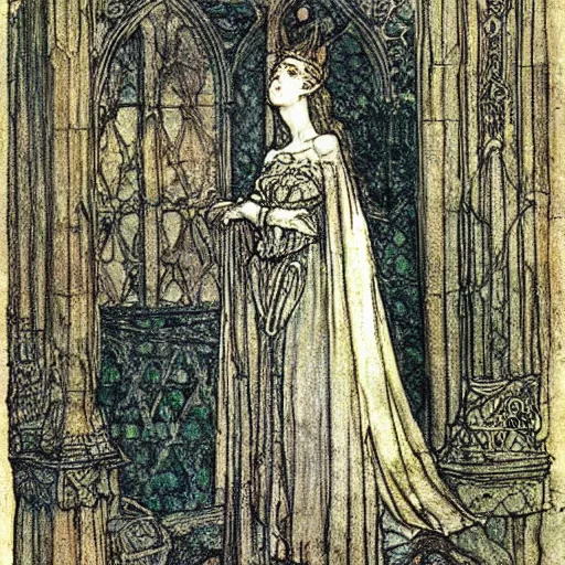 Prompt: beautiful young medieval queen by arthur rackham