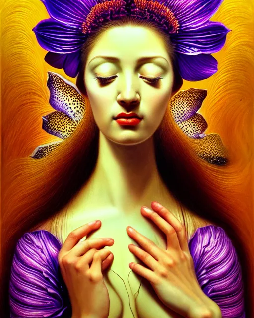 Image similar to portrait of the beautiful young goddess of orchids, unusual beauty, etheric, outworldly colours, emotionally evoking symbolic metaphors, head in focus, fantasy, ornamental, intricate, elegant, highly detailed hyperrealistic painting, artstation, concept art, painterly, golden ratio, sharp focus, illustration, art by salvador dali,