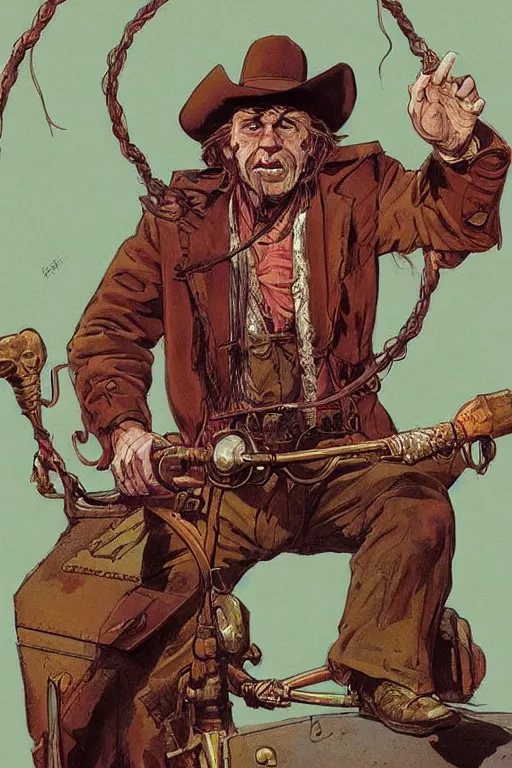 Prompt: vernon. Smug old west circus firebreather. concept art by James Gurney and Mœbius.