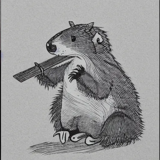 Image similar to a manga drawing of a beaver with an spear and a shield