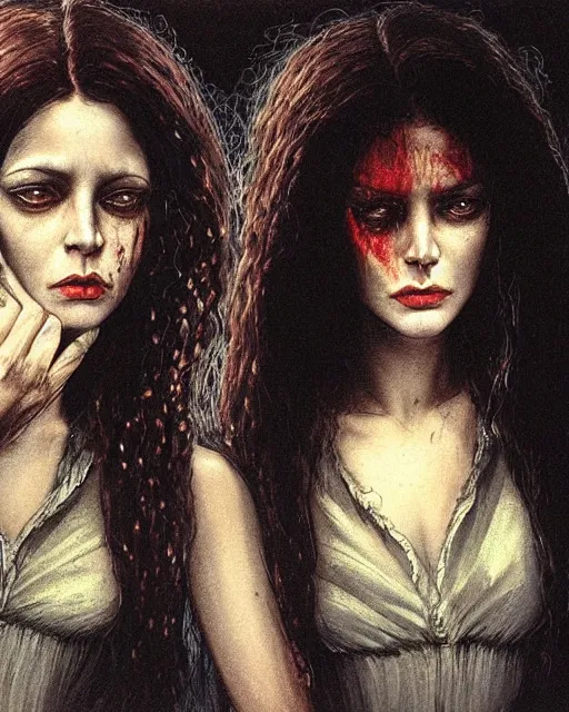 Image similar to two handsome but sinister, creepy young women in layers of fear, with haunted eyes and wild hair, 1 9 7 0 s, seventies, wallpaper, a little blood, moonlight showing injuries, delicate embellishments, painterly, offset printing technique, by john howe, brom, robert henri, walter popp