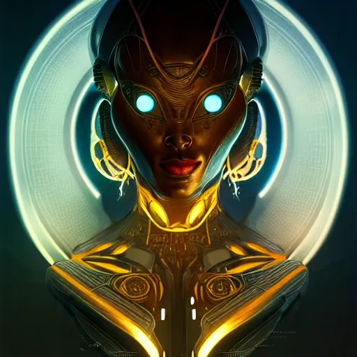 Image similar to hyper advanced cyborg alien ai, sci fi, glowing eyes, volumetric lights, gold theme, art nouveau botanicals, intricate, highly detailed, digital painting, artstation, concept art, smooth, sharp focus, cinematic, illustration, beautiful face, art by artgerm and greg rutkowski and alphonse mucha