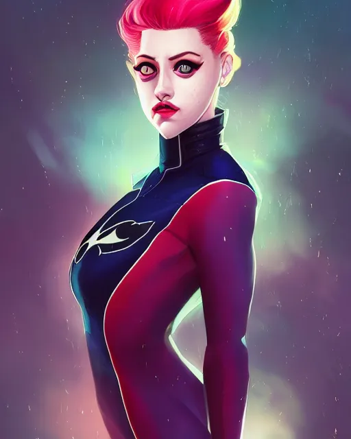 Image similar to a portrait of Lili Reinhart Batgirl comics, red hair, art by lois van baarle and loish and ross tran and rossdraws and sam yang and samdoesarts and artgerm, Joshua Middleton, symmetrical eyes, digital art, highly detailed, intricate, sharp focus, Trending on Artstation HQ, deviantart, unreal engine 5, 4K UHD image