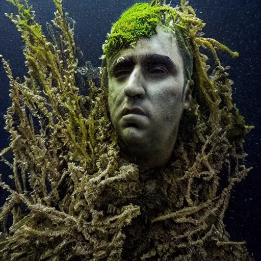 Prompt: Award-winning photograph by Mar Mann. The photo depicts a decaying roman bust of Nicolas Cage overgrown with moss at the bottom of the sea. Minimalism, high definition, perfect composition. Deep sea picture. Very dark. Volumetric Lighting. Fish. Darkness. Ruins