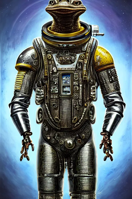 Image similar to a portrait of a muscular anthropomorphic cyberpunk caiman lizard space mechanic in spacesuit armor with ensignia on chest plate by sandra chevrier, by jon foster, detailed render, pistol in holster, tape deck, epic composition, cybernetics, 4 k realistic, cryengine, realistic shaded lighting, sharp focus, masterpiece, by enki bilal