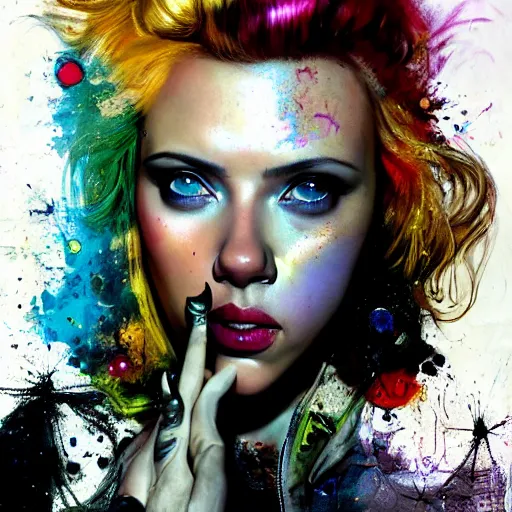 Image similar to scarlett johansson as delirium from sandman, ( hallucinating colorful soap bubbles ), by jeremy mann, by sandra chevrier, by dave mckean and richard avedon and maciej kuciara, punk rock, tank girl, high detailed, 8 k