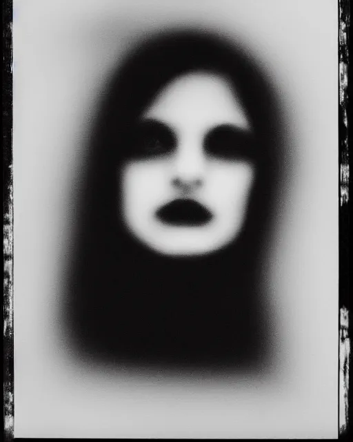 Prompt: photorealism, polaroid, black and white, female silhouette, black veil, noise, out of focus, long exposure