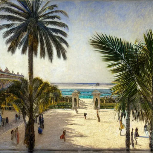 Image similar to a ultradetailed beautiful painting of the amazonas palace balustrade designed by jules bastien - lepage, hans belmer, frank weston and gustave baumann, beach, trending on artstation, mediterranean, palm trees, refracted color sparkles, sharp focus, soft light, 8 k 4 k