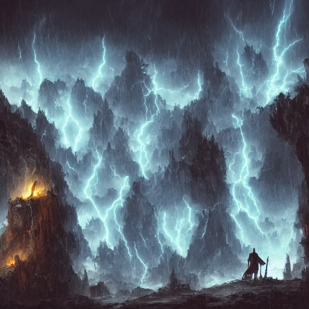 Image similar to a still of a cloaked figure standing in the ruins of crux prime, monastery, there is lightning, blue fiery maelstrom in the distance, it is raining, digital art, artstationhq