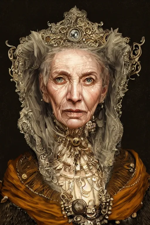 Image similar to portrait, headshot, digital painting, of a old 17th century, old lady cyborg merchant, amber jewels, implants, baroque, ornate clothing, scifi, futuristic, realistic, hyperdetailed, chiaroscuro, concept art, art by waterhouse and witkacy