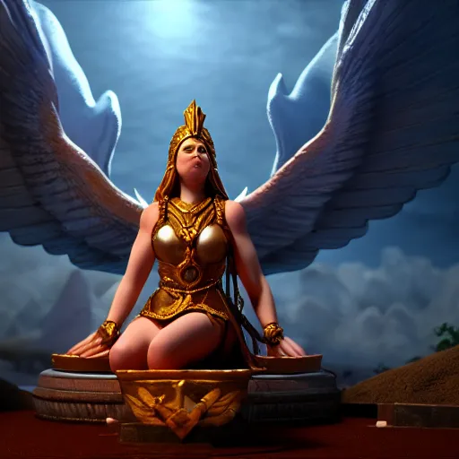 Image similar to cinematic scene with the goddess of war sitting on a majestic throne, dramatic, small details, volumetric lighting, still frame