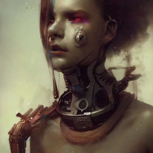 Image similar to A portrait of a beautiful cyperpunk girl, VR headset, augmentation technology, ancient art, art by greg rutkowski, matte painting, trending on art station