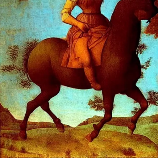 Image similar to never seen painting of a woman on a horse by leonardo da vinci