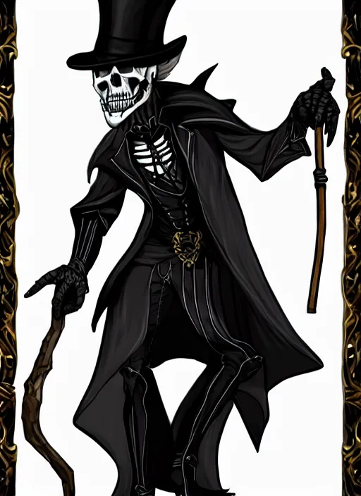 Image similar to DND character art, skeletal male figure, wearing a deep black suit!!! and tie and top hat, holding a gold! cane!. blue!!! flames!!