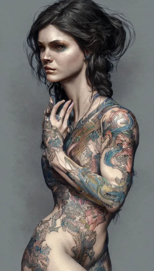 Image similar to tattooed lady, sweaty, insane, intricate, highly detailed, digital painting, artstation, concept art, smooth, sharp focus, illustration, Unreal Engine 5, 8K, art by artgerm and greg rutkowski and alphonse mucha