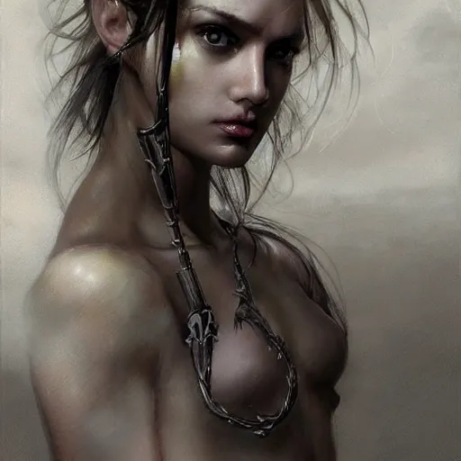 Image similar to tattoo design, a professional painting of a beautiful young female, partially clothed in battle armor, olive skin, long dark hair, beautiful bone structure, upper body, symmetrical facial features, intricate, elegant, digital painting, concept art, smooth, sharp focus, illustration, from Metal Gear, by Ruan Jia and Mandy Jurgens and Greg Rutkowski and Artgerm and William-Adolphe Bouguerea and artgerm