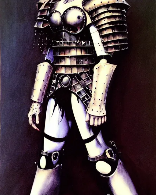 Image similar to portrait of a skinny goth punk keany reeves wearing armor by simon bisley, john blance, frank frazetta