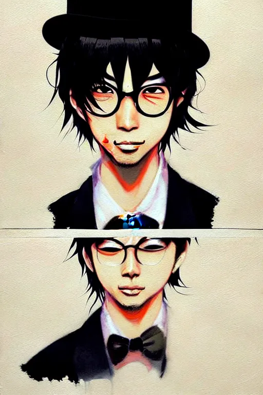 Image similar to a ultradetailed beautiful painting of kiriyama renn wearing a black bowler hat and a suit, he has black hair with bangs, by conrad roset, greg rutkowski and makoto shinkai trending on artstation