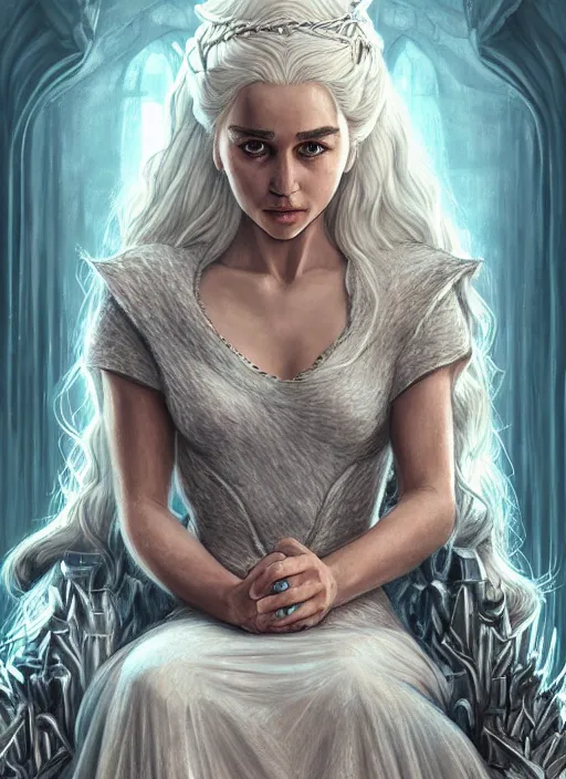 Prompt: a highly detailed character portrait of Daenerys Targaryen on the Iron Throne, dark ornate royal robes, beautiful, ethereal, intricate, digital painting, artstation, concept art, smooth, sharp focus, illustration, deep vibrant colors, soft light, dynamic, art by artgerm