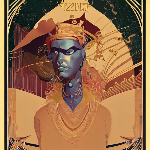 Image similar to portrait of a victorian duke, girl with a stylized mask, curvy, royal style, elite, gold, art deco, symmetry, stylized illustration by peter mohrbacher, moebius, victo ngai, vivid colorful comic style, line sleek, diesel punk