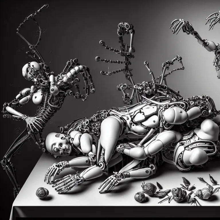 Image similar to still life of two biomechanical cyborg male lovers laying on a table, pastel flowers on a table, surreal alien ribbed pastel fruit, white human spine, baroque painting, beautiful detailed intricate insanely detailed octane render trending on Artstation, 8K artistic photography, photorealistic, chiaroscuro, Raphael, Caravaggio beautiful BW monochrome