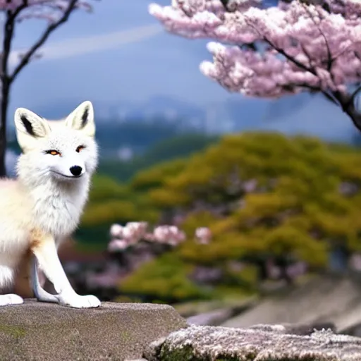 Prompt: white fox under a sakura tree with kyoto in the background
