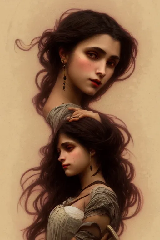 Prompt: portrait, vampire, brown skin, night, long black hair, beautiful, in victorian era new york, jewelry, alphonse mucha, william bouguereau, rossdraws, greg rutkowski, super detailed, realistic, octane render, volumetric, cinematic, 8 k