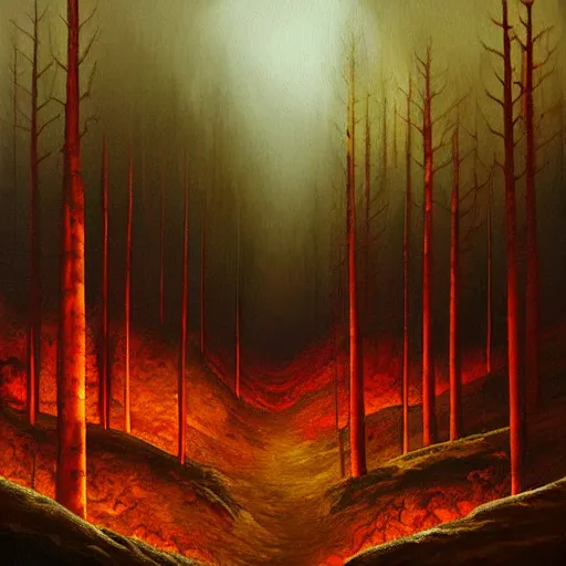 Image similar to a painting of a fire in a forest, a matte painting by Jeffrey Smith, deviantart, fantasy art, apocalypse landscape, apocalypse art, airbrush art