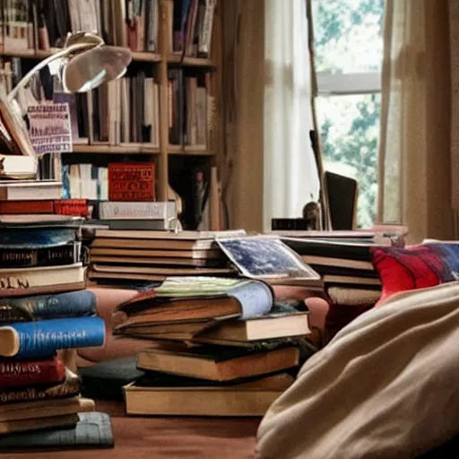 Prompt: a pile of books on a bedside table, from netflix show, stranger things ( 2 0 1 6 )