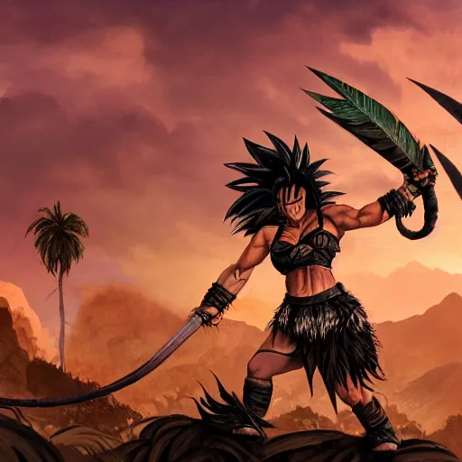 Prompt: barbarian warrior woman with chimera monkey tail, monkey tail, furry tail, barbarian pelt, cavewoman, black hair, electrified hair, wild spiky black saiyan hair, surrounded by electrical aura, prowling around primeval jungle, palm trees, rocks, mountains, red sky, hyperdetailed, ultra high definition, realism, 4 k, frank frazetta