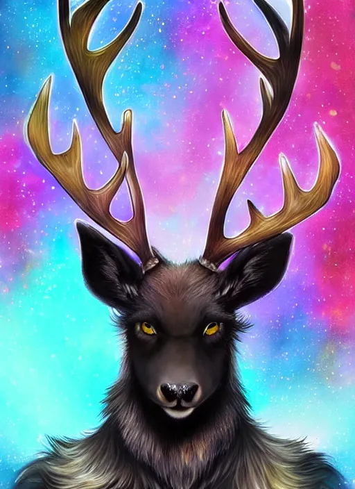 Prompt: award winning beautiful portrait commission of a male furry anthro Black Reindeer fursona with a tail, wings, wings, wings and a cute beautiful attractive detailed furry face wearing stylish black and rainbow galaxy clothes, outline, in a city at night while it rains. Character design by charlie bowater, ross tran, artgerm, and makoto shinkai, detailed, inked, western comic book art