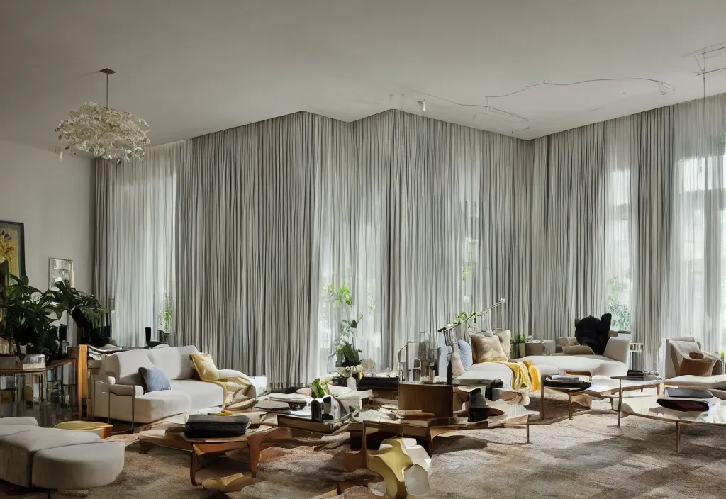 Image similar to a living room, modern interior design, residential design, floor - to - ceiling windows, by india mahdavi and henri matisse, trending ，