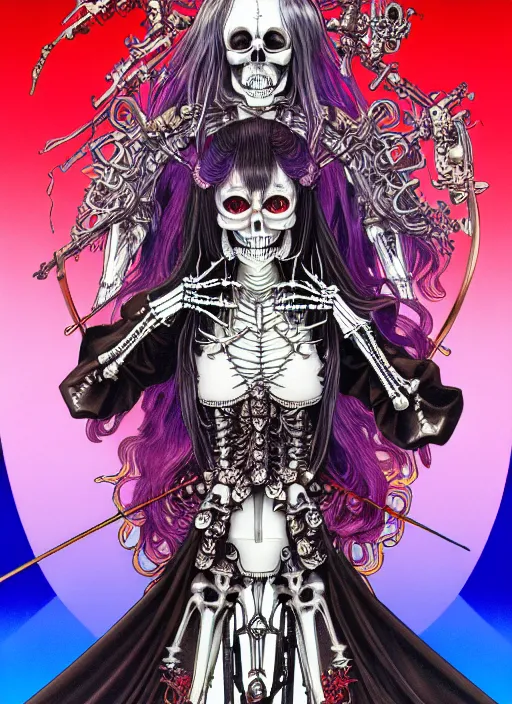 Prompt: highly detailed terada katsuya artstation ayami kojima manga poster of princess mechine as fanged vampire skeleton, rainbow gradient reflection, long hair, armor, dress, laces, ruffles, 8 k, maximalist,, jump comics, tomer hanuka, alphonse mucha