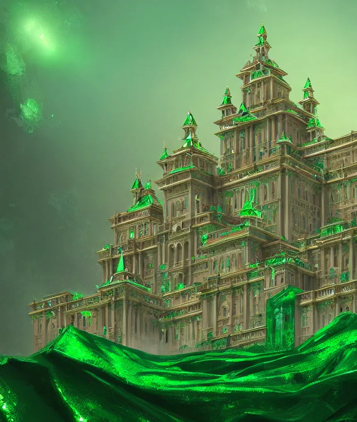 Image similar to a detailed digital painting of a palace made of gleaming emeralds, trending on artstation, digital art, 4 k resolution, detailed, beautiful render, octane render, high quality, sharp focus, hq artwork, coherent, insane detail, concept art