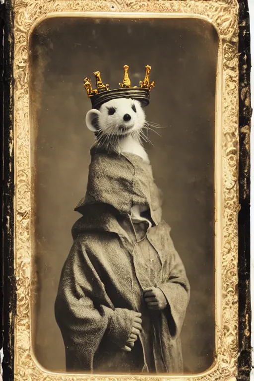 Prompt: a wet plate photo of an anthropomorphic ferret king, wearing a crown, wearing a robe