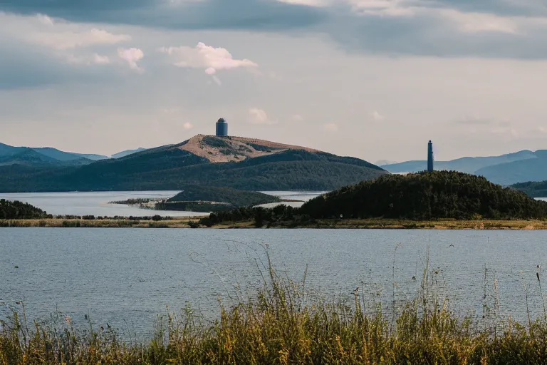 Image similar to a hill with a radio tower next to a lake, hills in background. telephoto lens photography.