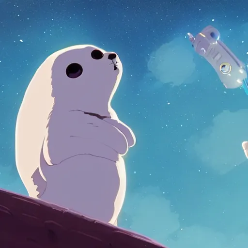 Image similar to baby harp seal fighting aliens in space, year 2 3 0 0, atey ghailan, goro fujita, studio ghibli, rim light, sharp lighting, clear focus, very coherent,